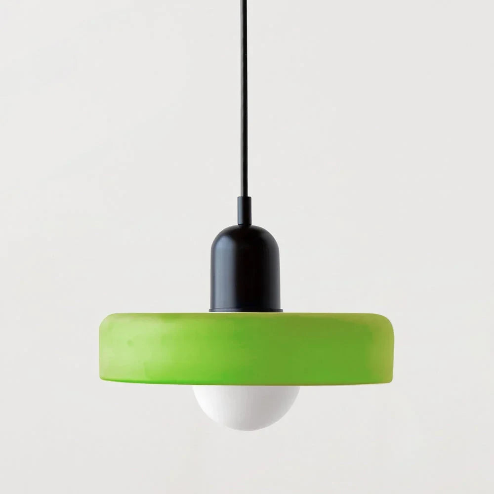 Glass pendant light with ring shade, Matte green, Black, 25cm wide