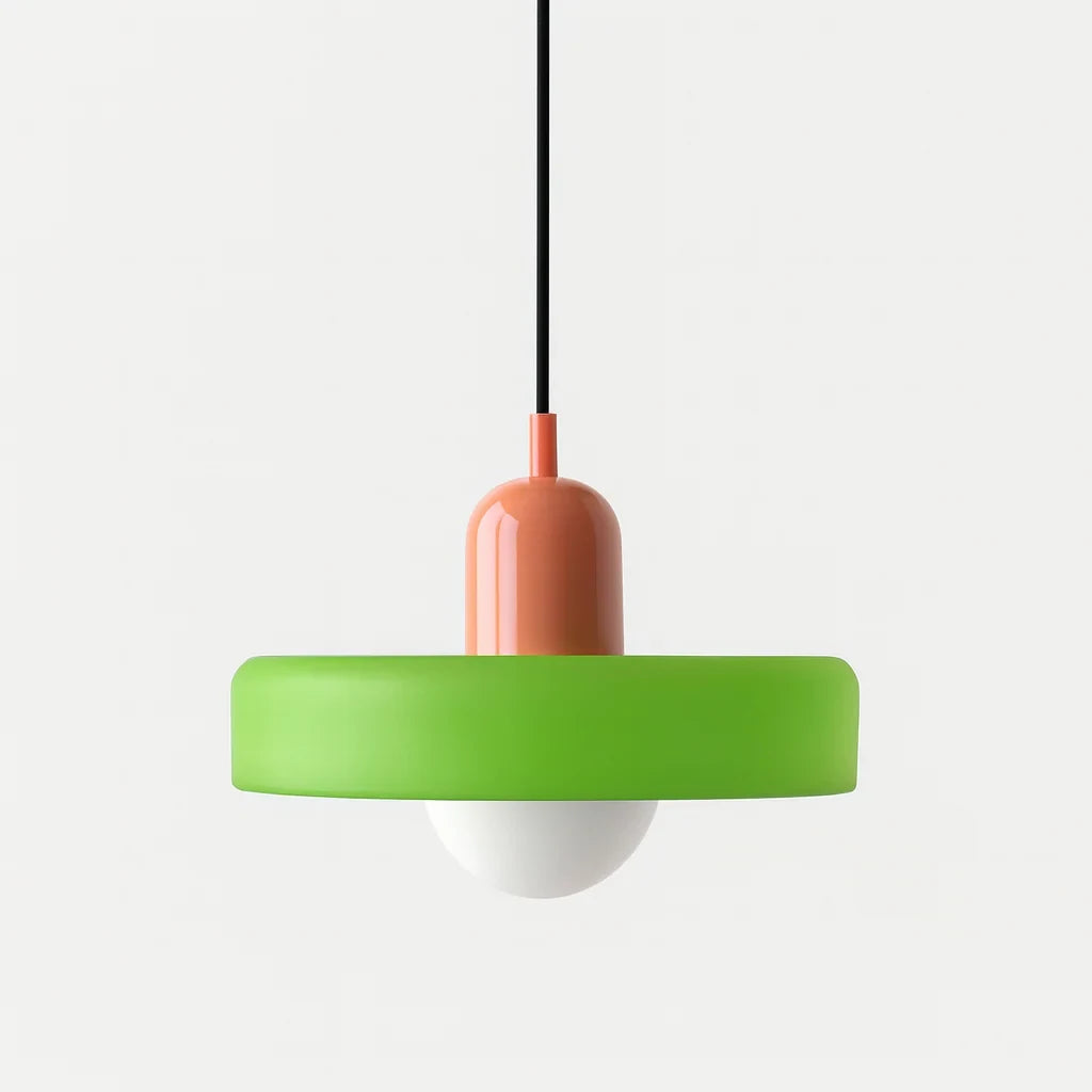 Glass pendant light with ring shade, Matte green, Pink, 25cm wide