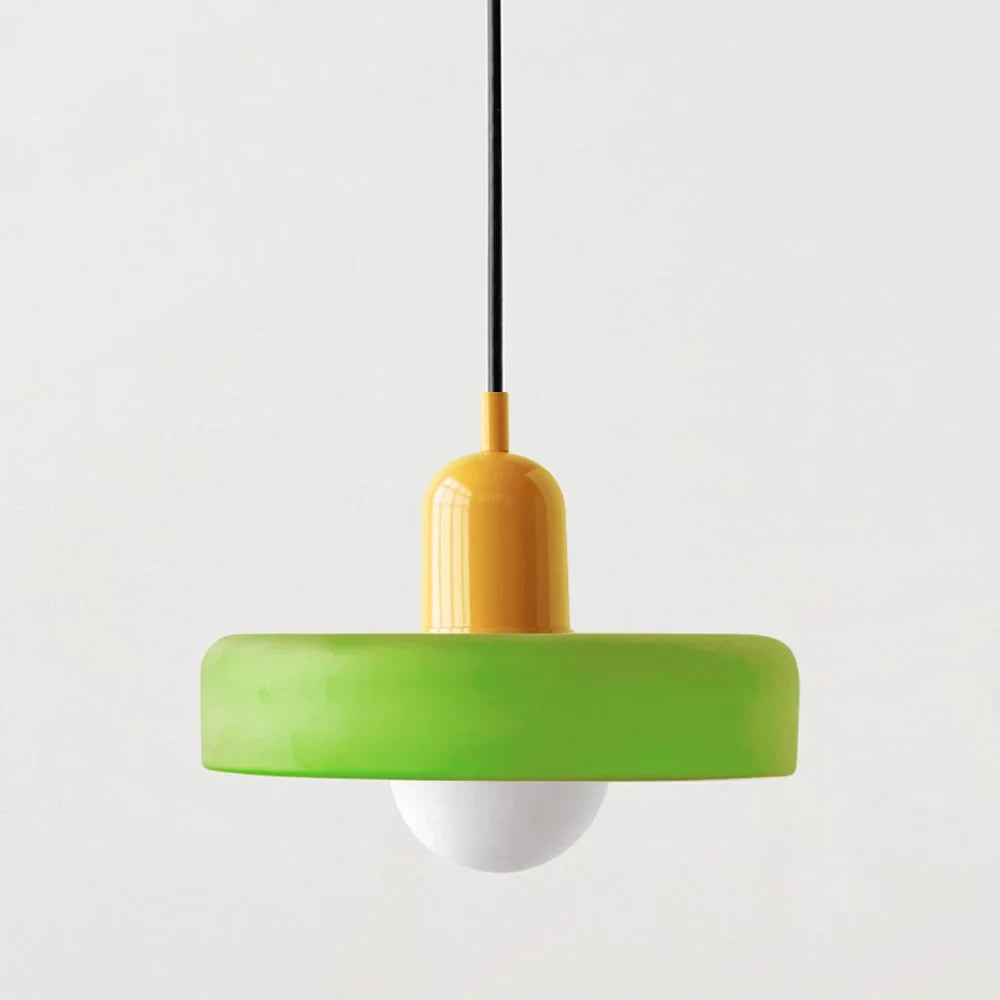 Glass pendant light with ring shade, Matte green, Yellow, 25cm wide