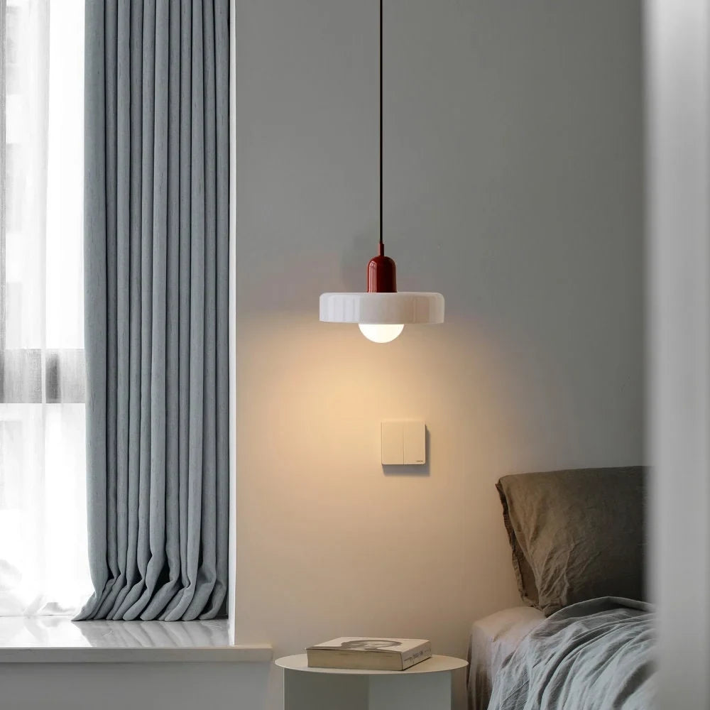 Glass pendant light with ring shade, white, in a bedroom