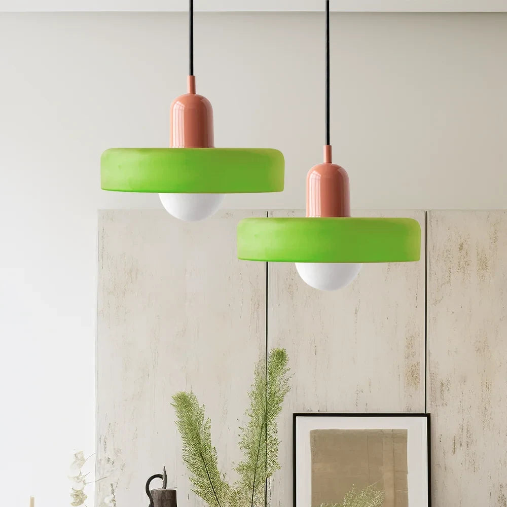 Glass pendant light with ring shade, green pair