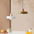 Glass pendant light with ring shade, white and army green pair