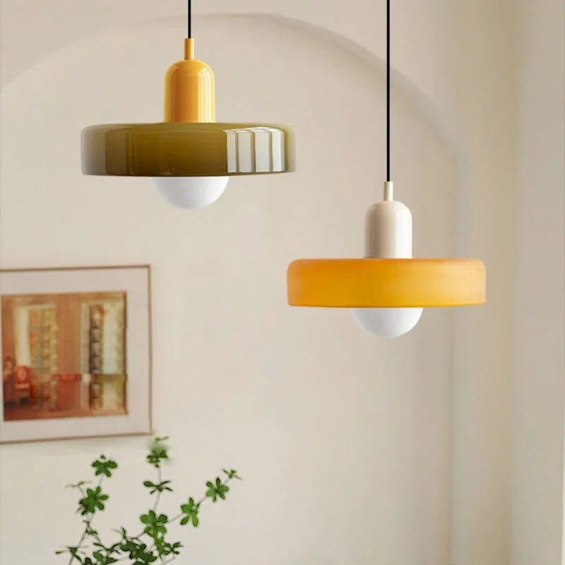 Glass pendant light with ring shade, yellow and army green pair