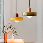 Glass pendant light with ring shade, yellow and army green pair