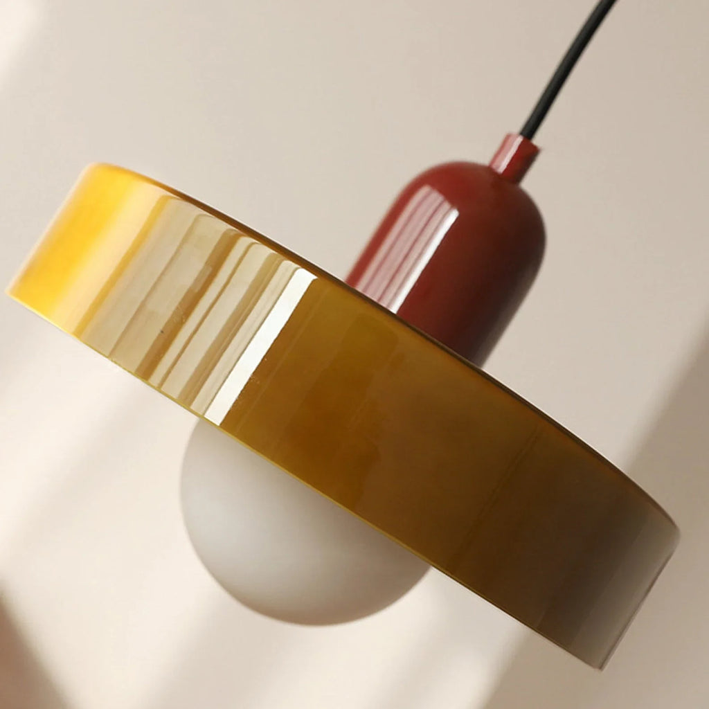 Glass pendant light with ring shade, close-up of the army green ring shade