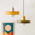 Glass pendant light with ring shade, yellow and army green pair