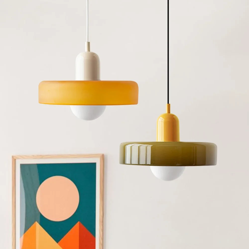 Glass pendant light with ring shade, yellow and army green pair