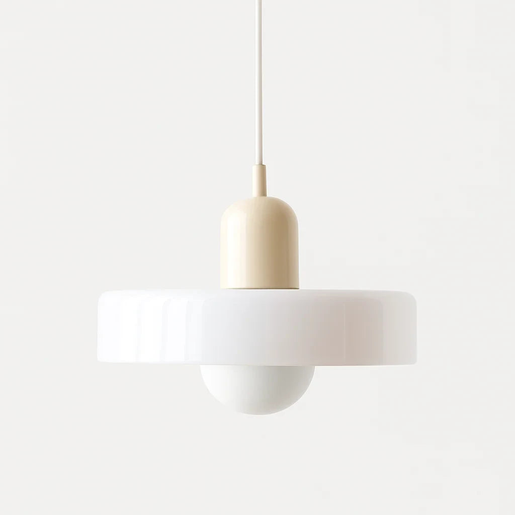 Glass pendant light with ring shade, White, Beige, 25cm wide