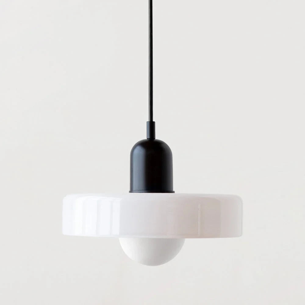 Glass pendant light with ring shade, White, Black, 25cm wide