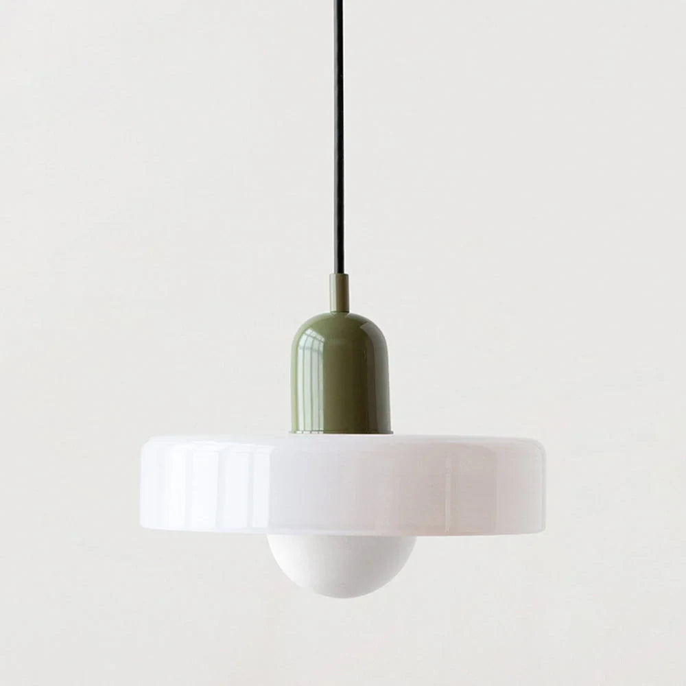 Glass pendant light with ring shade, White, Green, 25cm wide