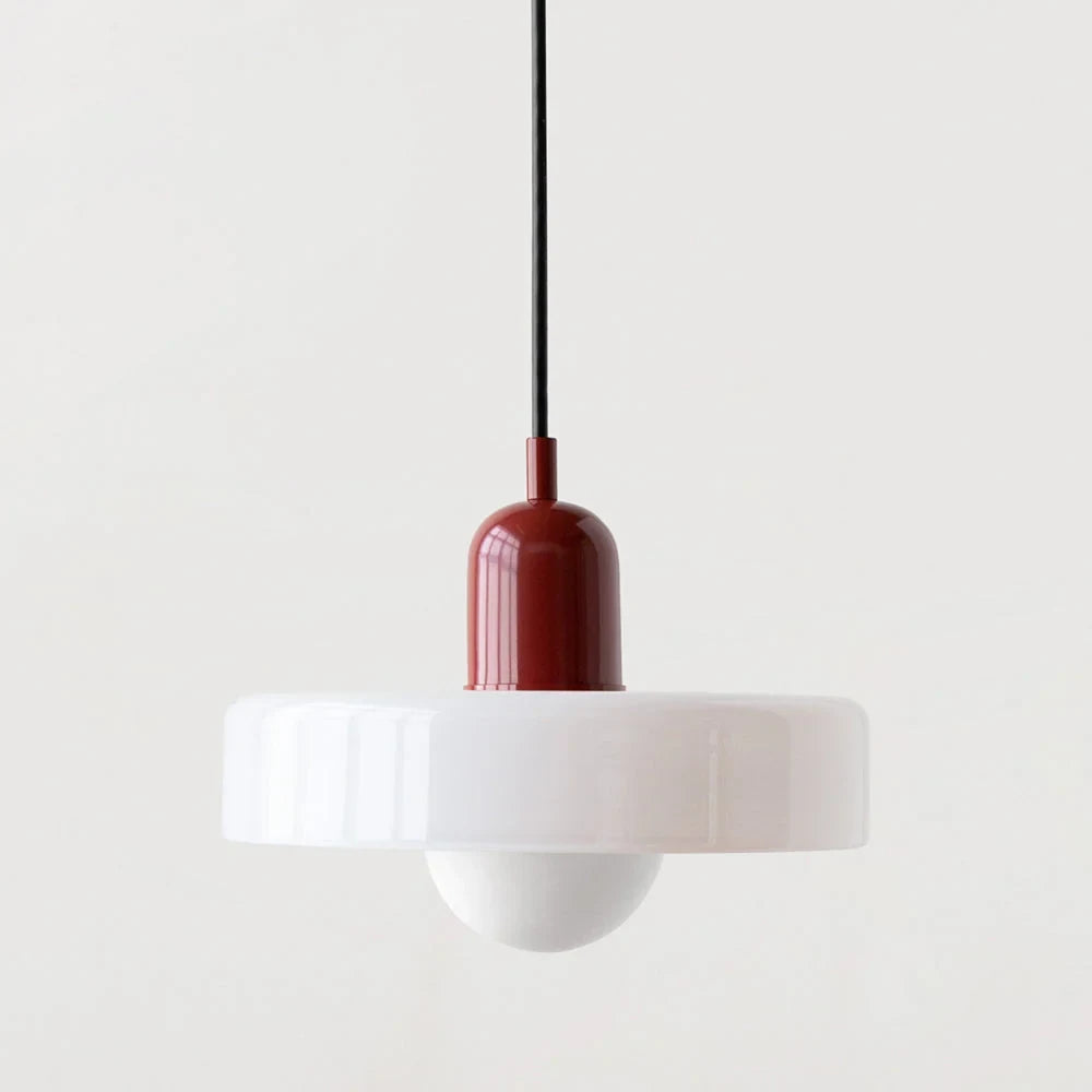 Glass pendant light with ring shade, White, Red, 25cm wide