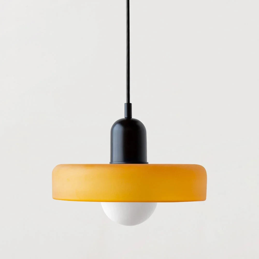 Glass pendant light with ring shade, Matte yellow, Black, 25cm wide
