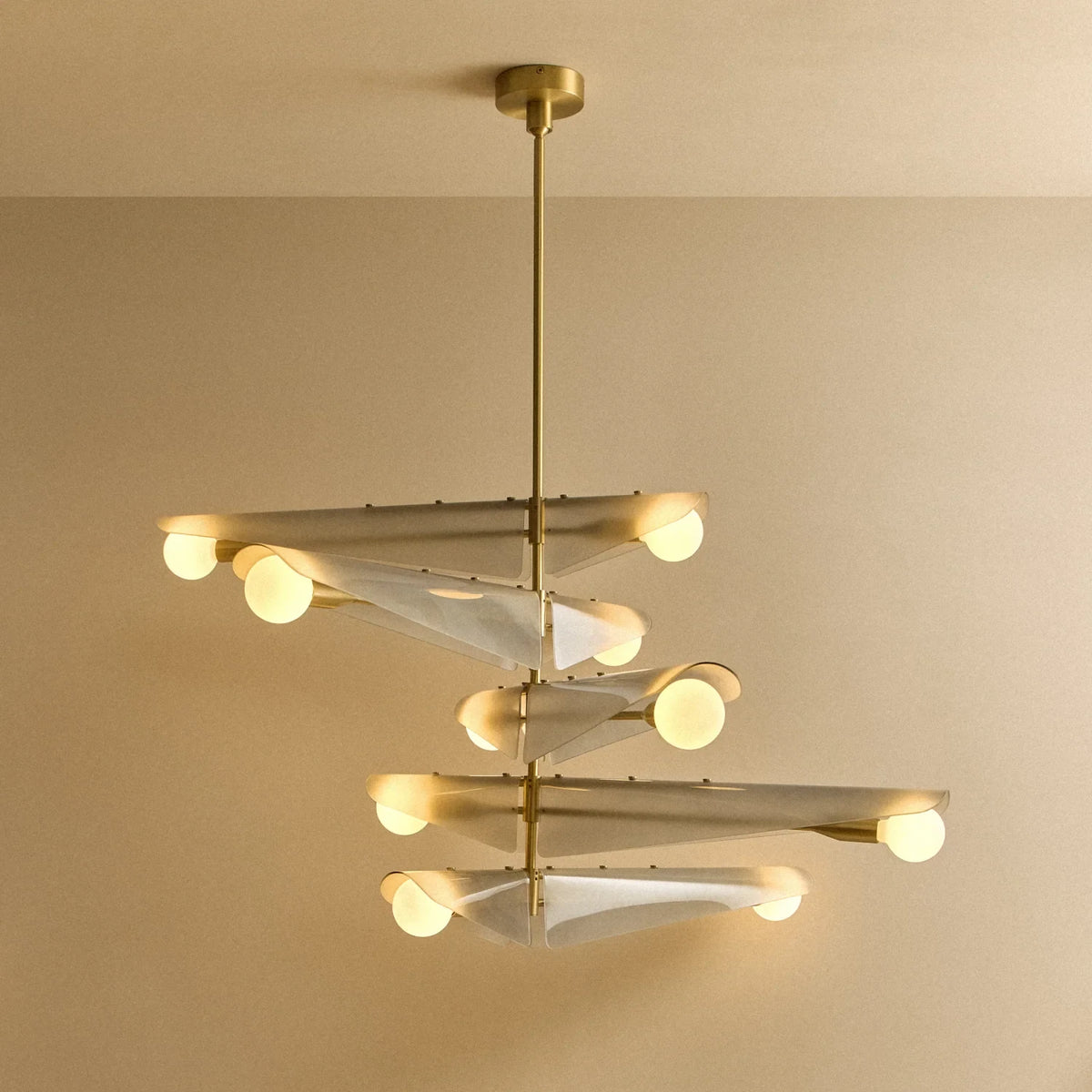 Glass wing chandelier, lit, five tiers