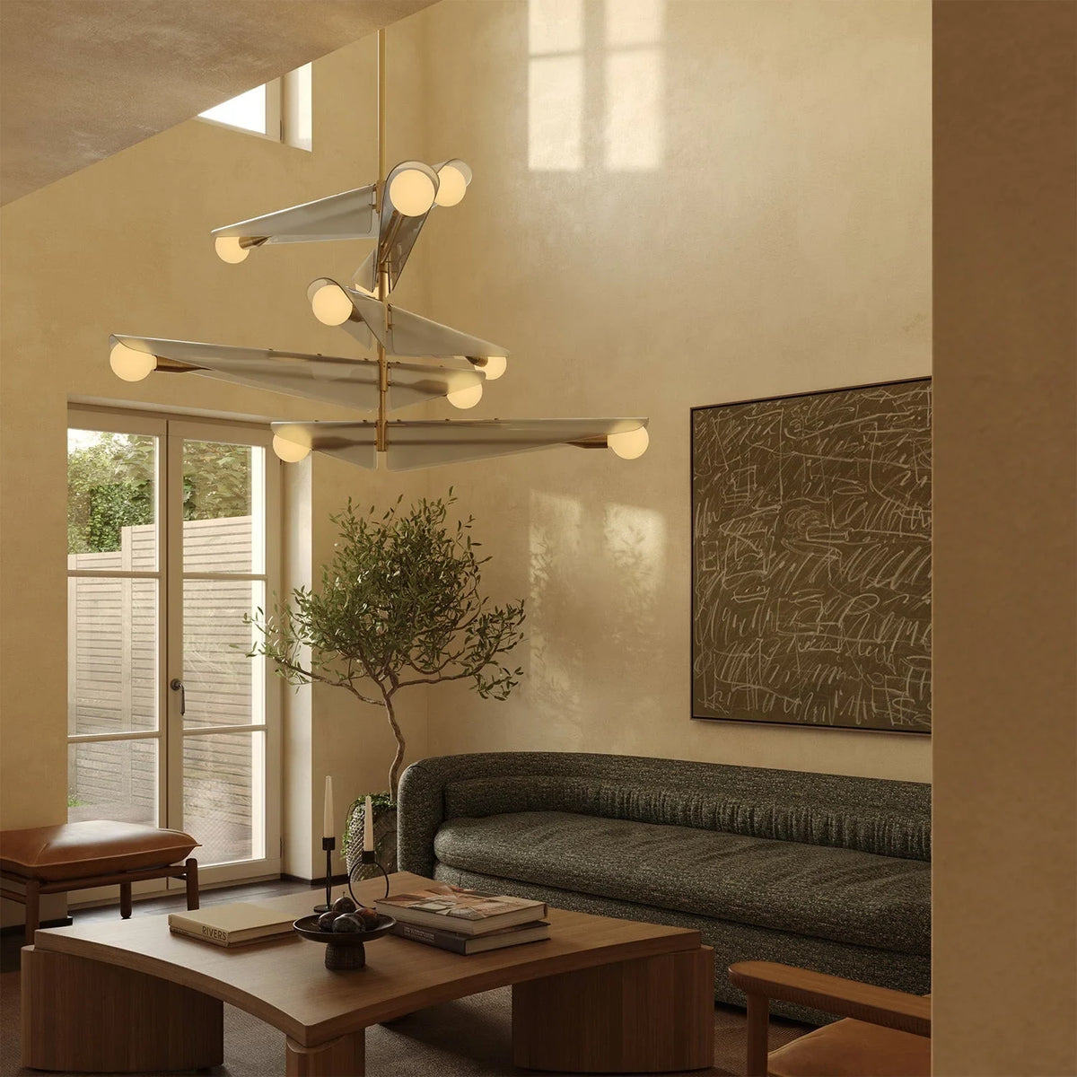 Glass wing chandelier, in a double-height living room