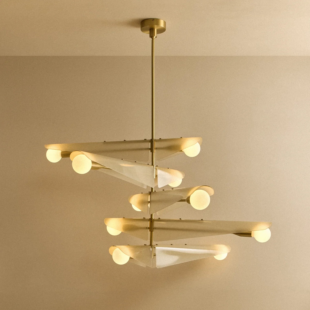 Glass wing chandelier, lit, five tiers