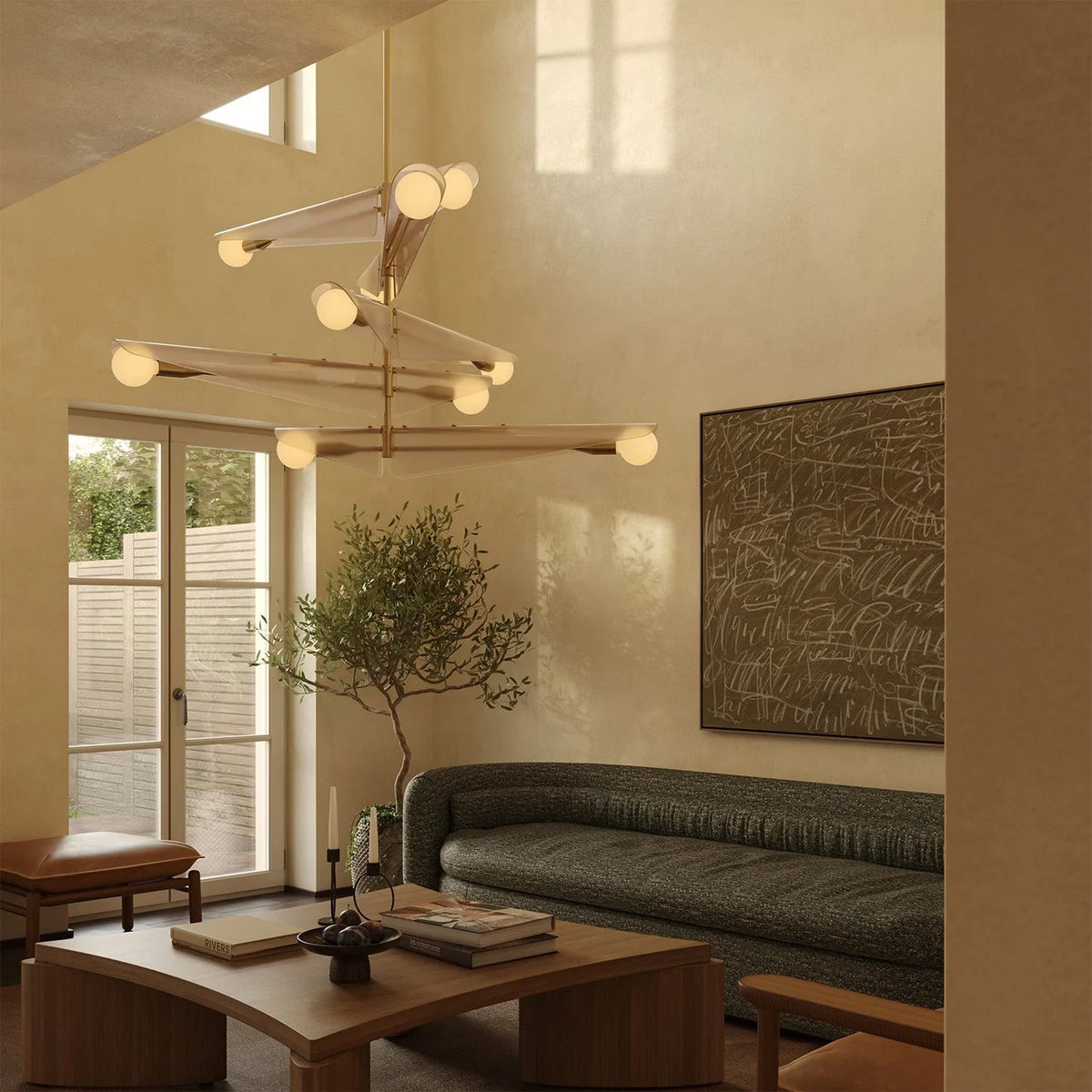 Glass wing chandelier, in a double-height living room