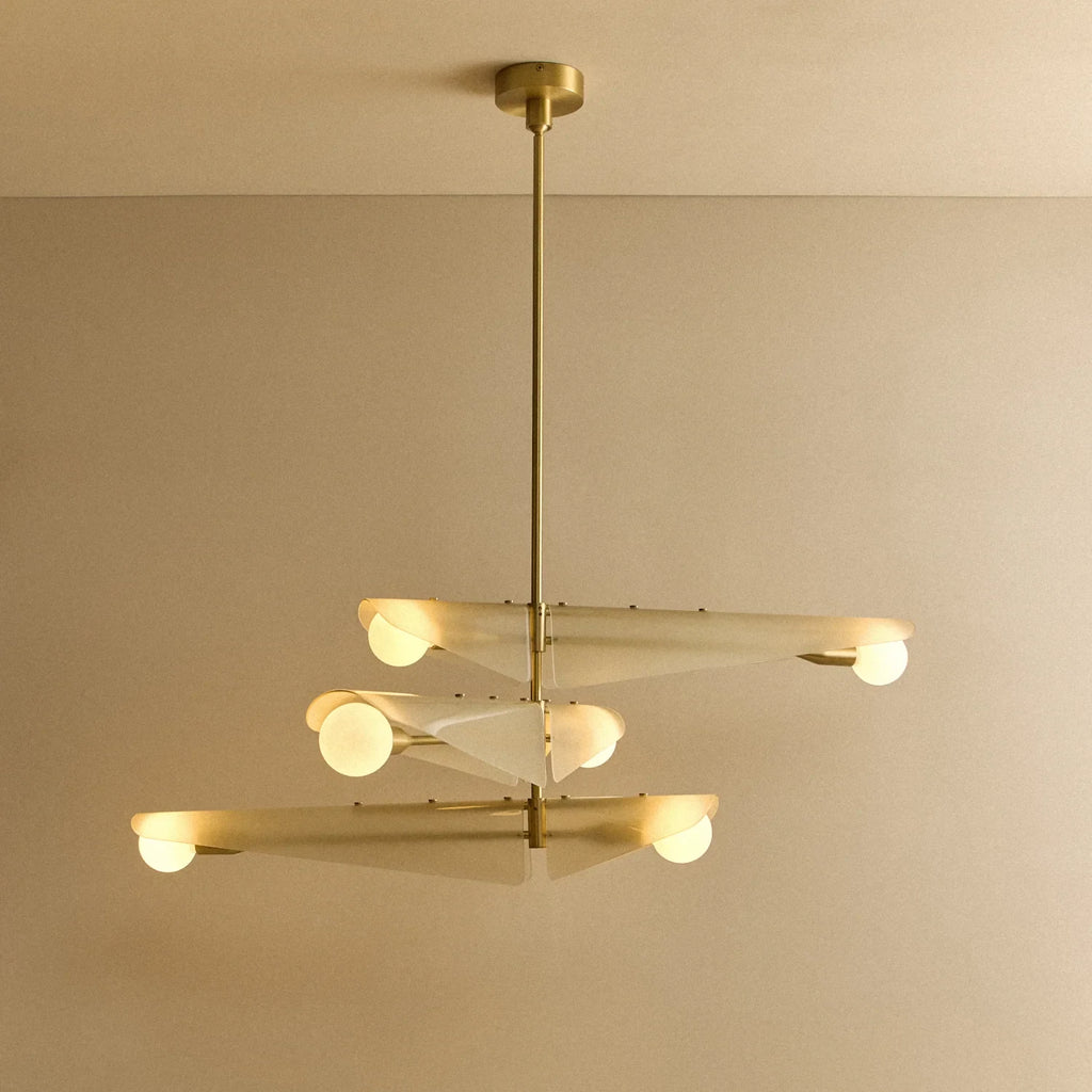 Glass wing chandelier, lit, three tiers
