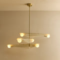 Glass wing chandelier, lit, three tiers