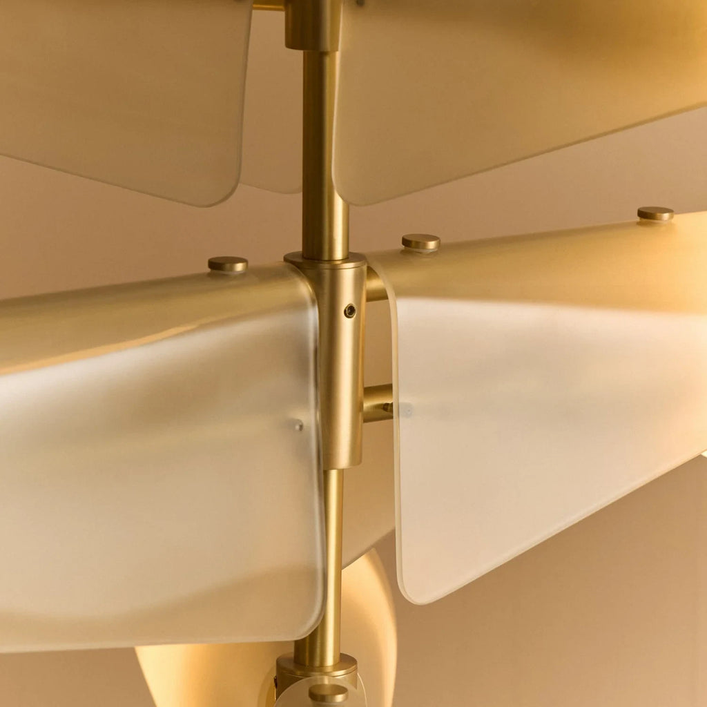 Glass wing chandelier, close-up of the glass wings and bulbs
