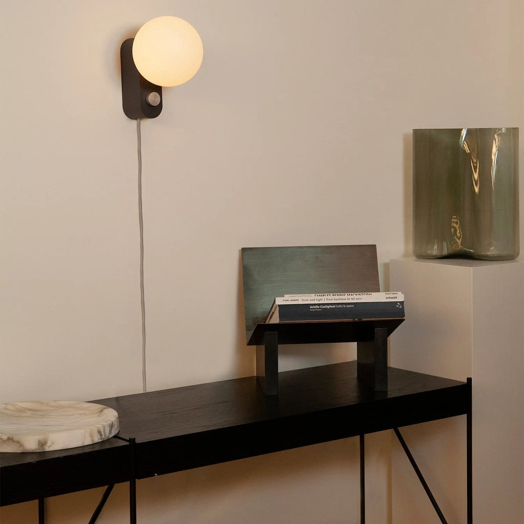 Globe table lamp or wall light, charcoal, set of 2, wall-mounted above a desk