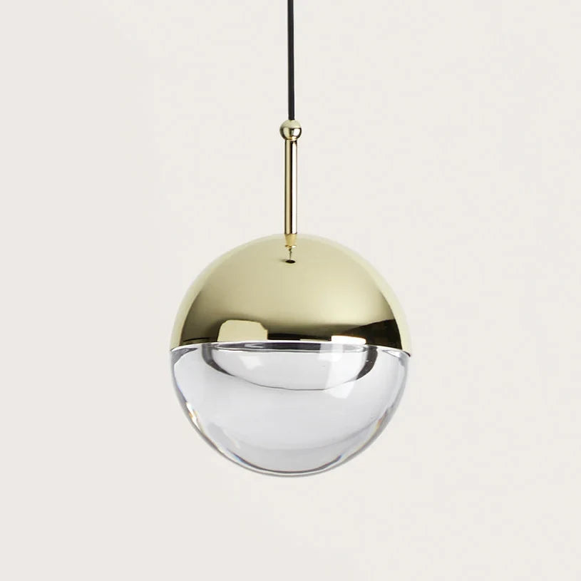 Gold and optic glass sphere LED pendant, close-up of the gold and clear sphere