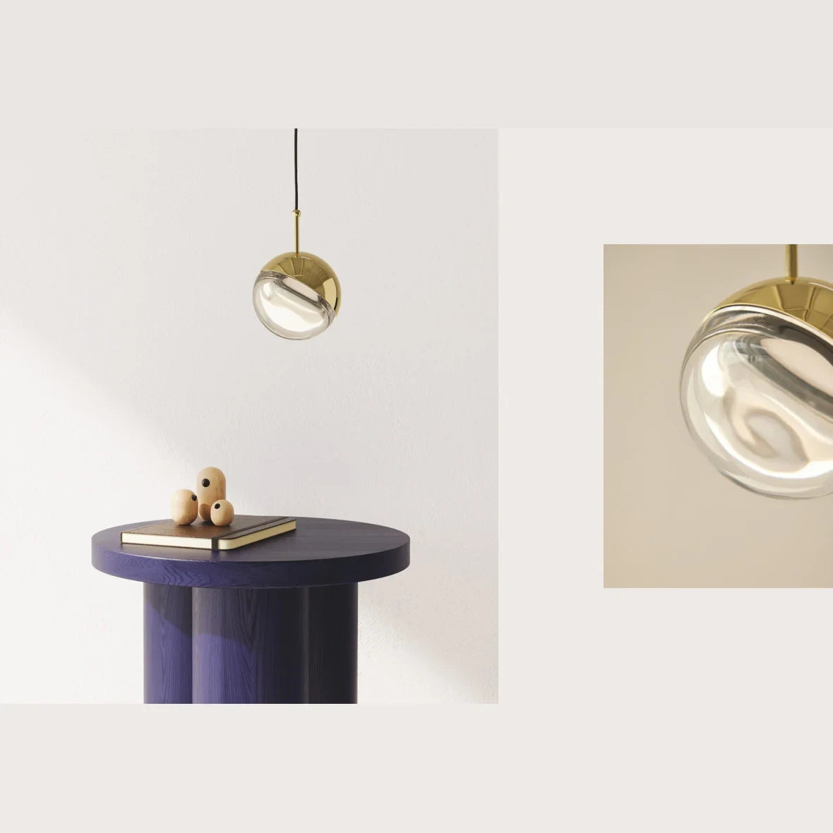 Gold and optic glass sphere LED pendant, above a small side table