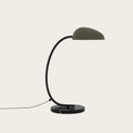 Gooseneck table lamp with marble base, in matte black, with an olive shade