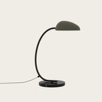 Gooseneck table lamp with marble base, in matte black, with an olive shade