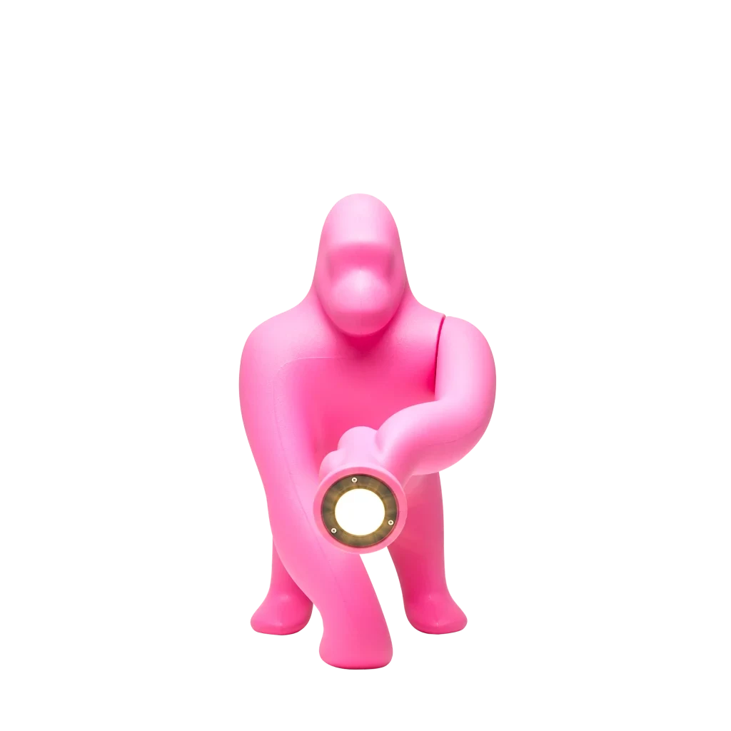 Gorilla floor lamp with an adjustable arm, in pink