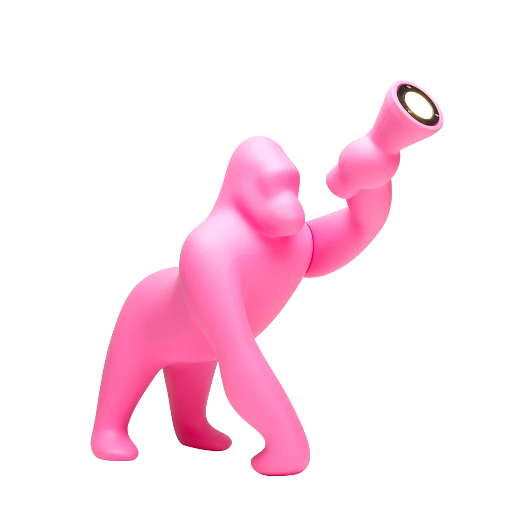 Gorilla floor lamp with an adjustable arm, in pink