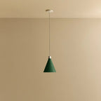 Dark Green cone pendant, small, with matte white dim-to-warm bulb, lit, against a plain wall