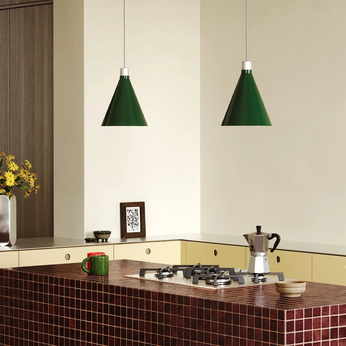 Dark Green cone pendant, small, with matte white dim-to-warm bulb, two hung over a kitchen island