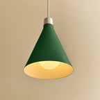 Dark Green cone pendant, small, with matte white dim-to-warm bulb, close-up of the lit shade interior