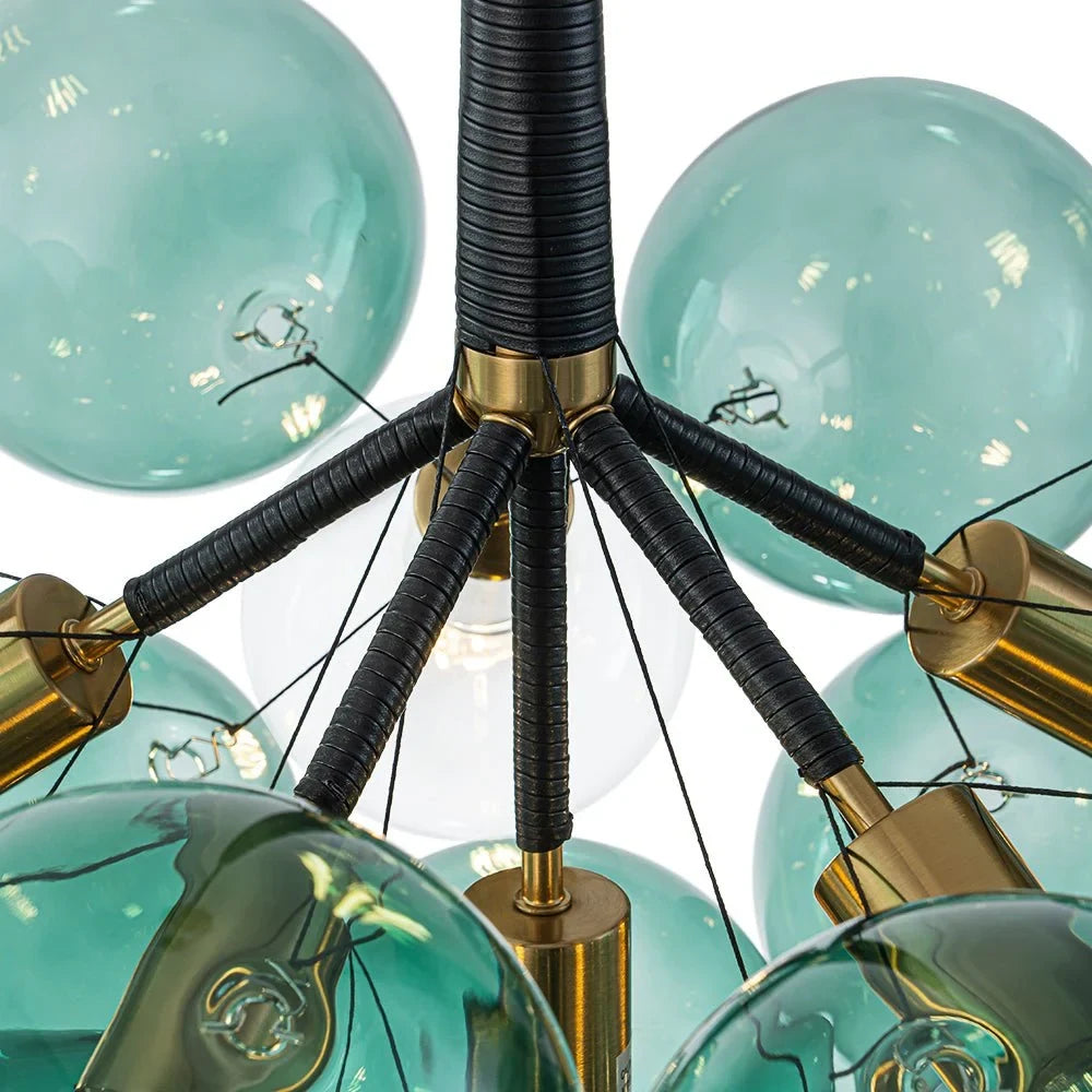 Green glass bubble chandelier, brass and black frame close-up