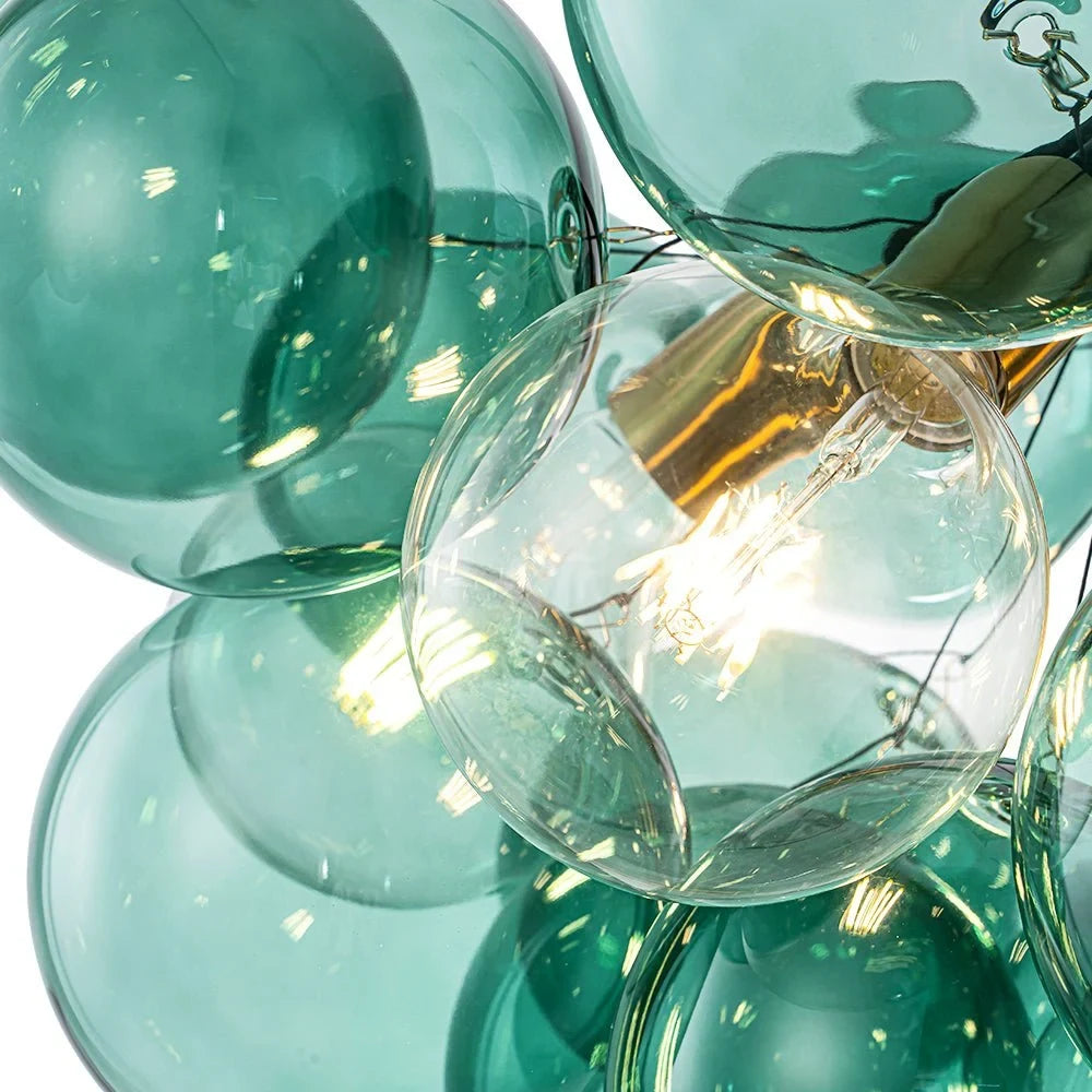 Green glass bubble chandelier, close-up of the green glass globes