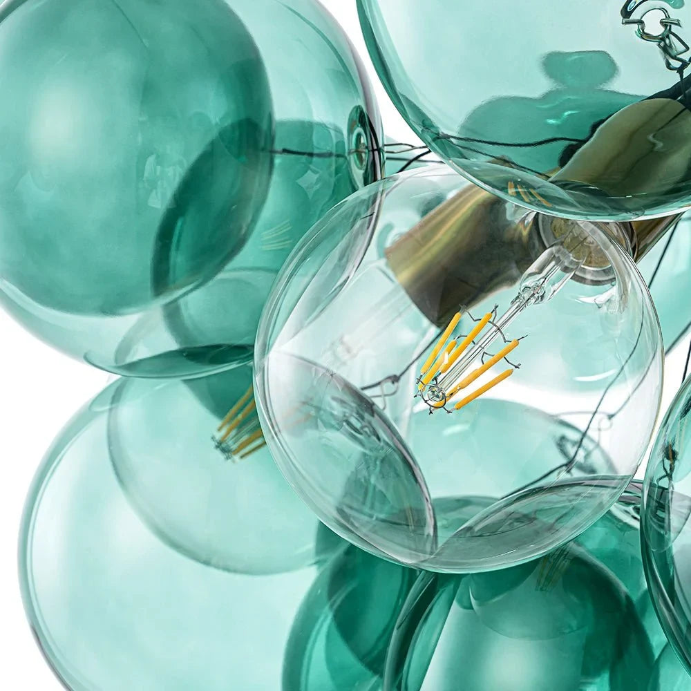 Green glass bubble chandelier, close-up of the green glass globes