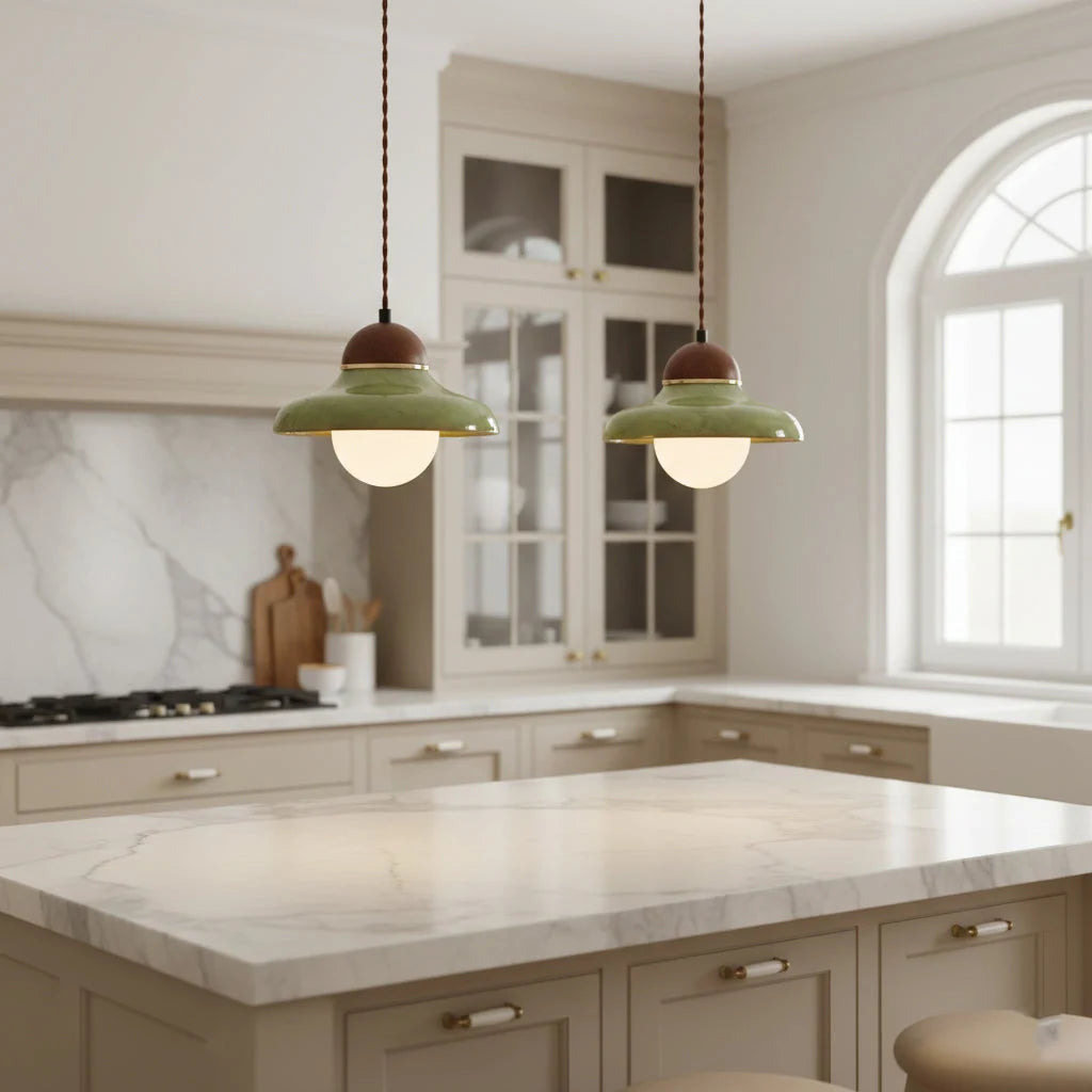 Green glass pendant light with walnut cap