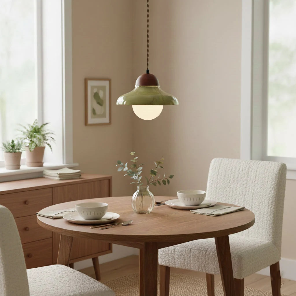 Green glass pendant light with walnut cap