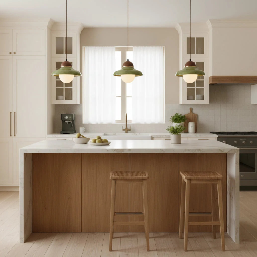 Green glass pendant light with walnut cap