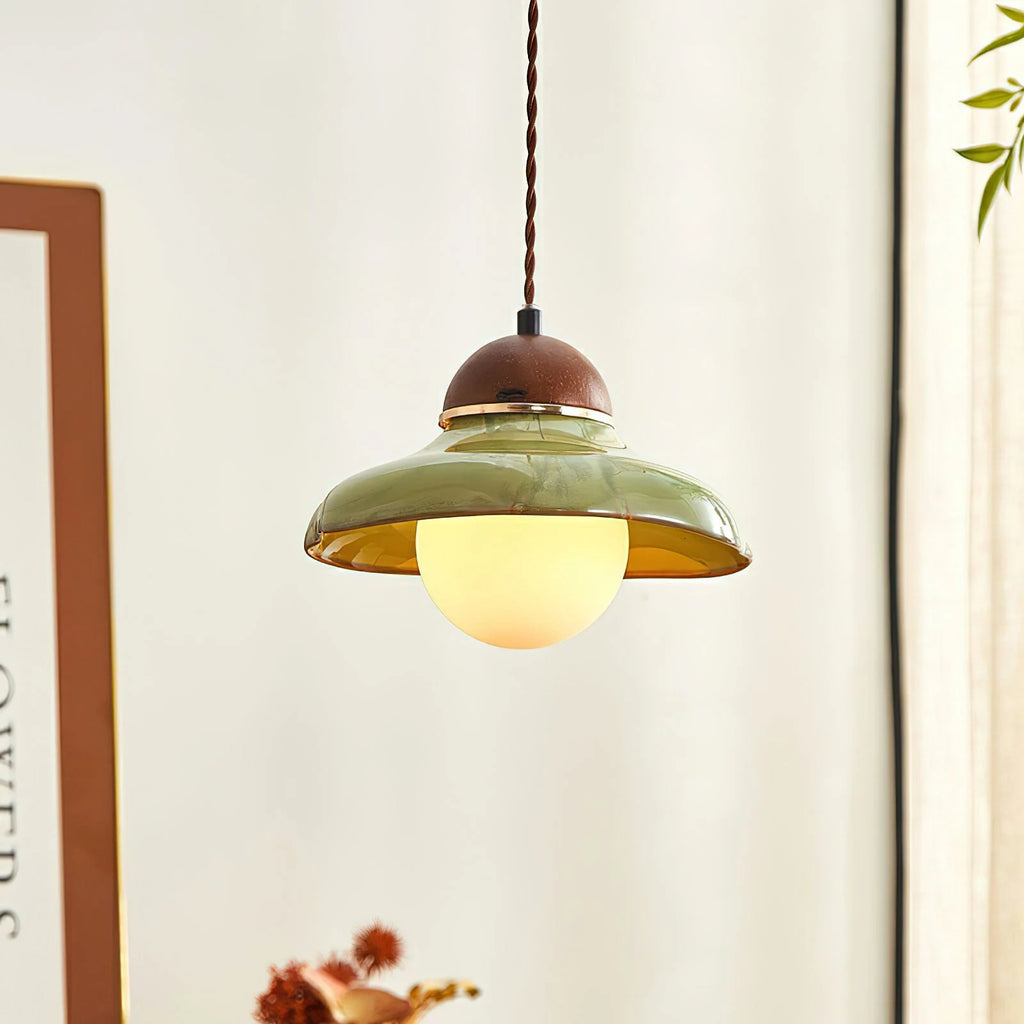 Green glass pendant light with walnut cap