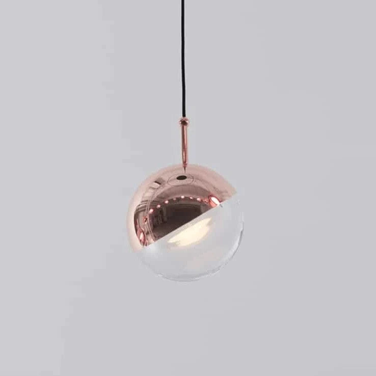 Half-capped glass globe LED pendant, in copper
