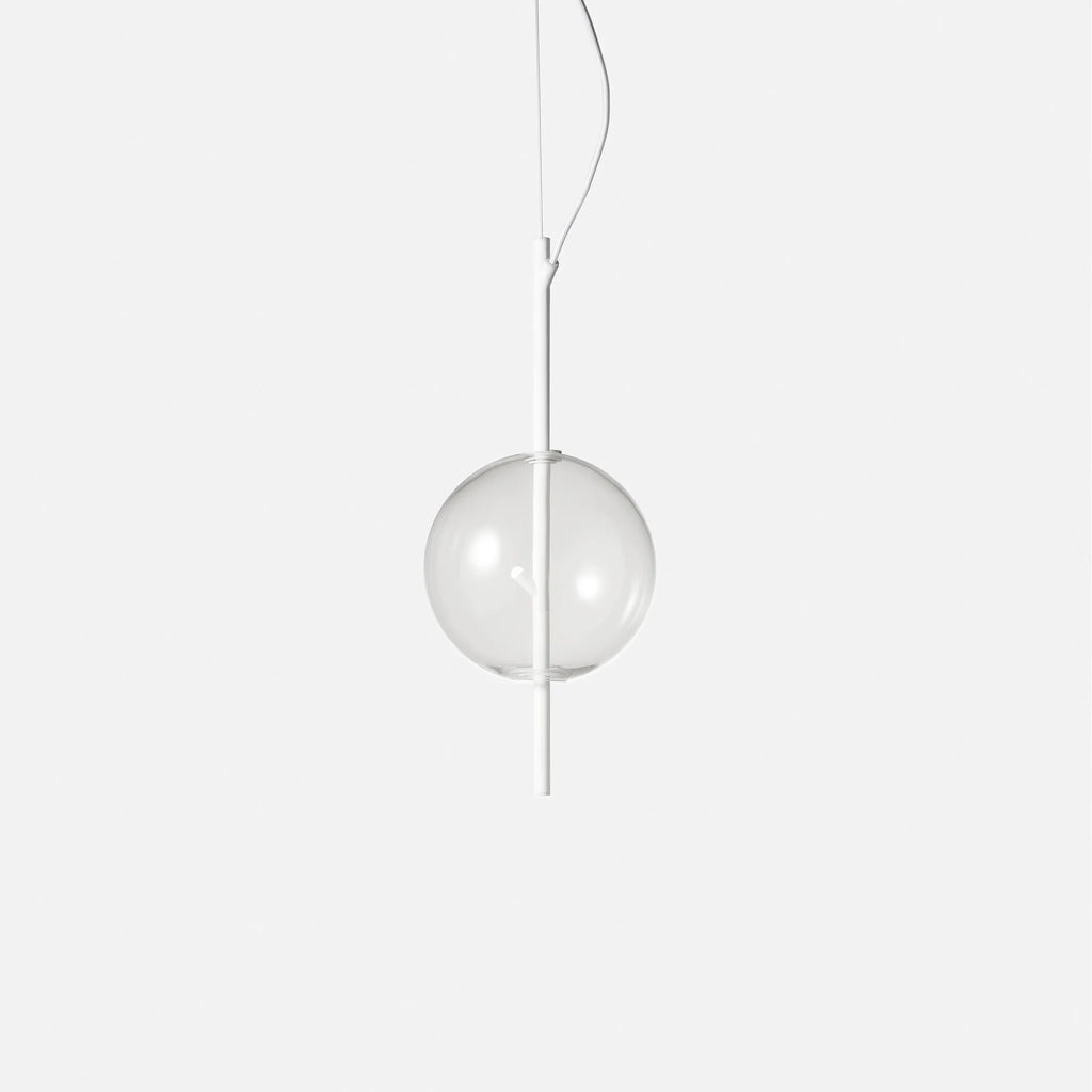 Hand-blown glass globe pendant on a steel stem, small, white with clear glass
