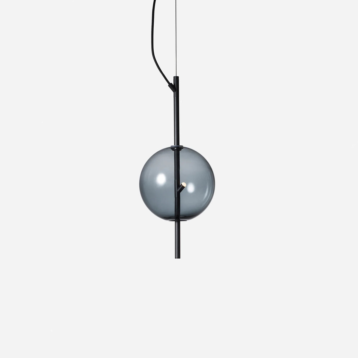 Hand-blown glass globe pendant on a steel stem, small, black with smoke grey glass