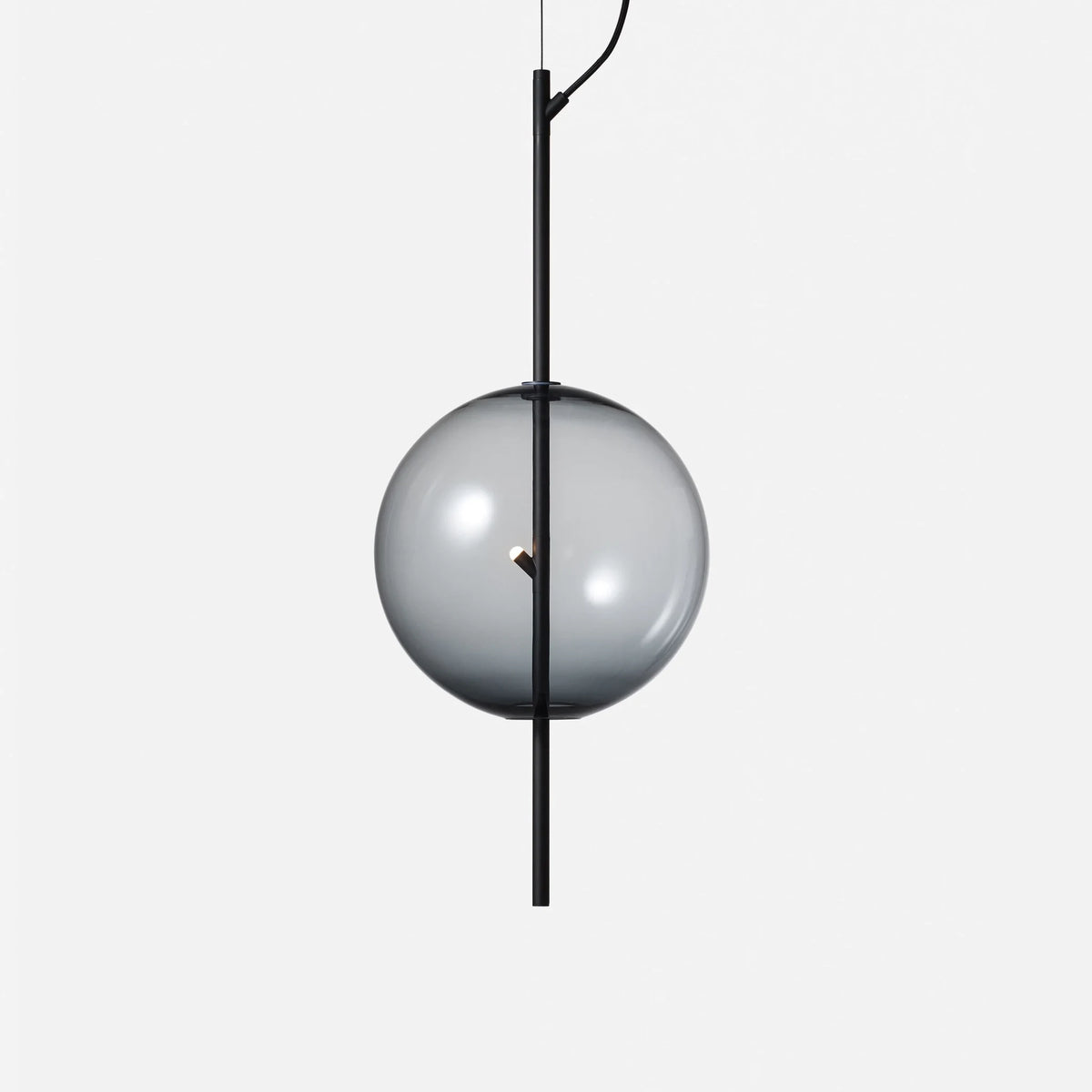 Hand-blown glass globe pendant on a steel stem, large, black with smoke grey glass