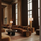 Hand-painted ceramic bamboo floor lamp, in a living room, shown with a shade (not included)
