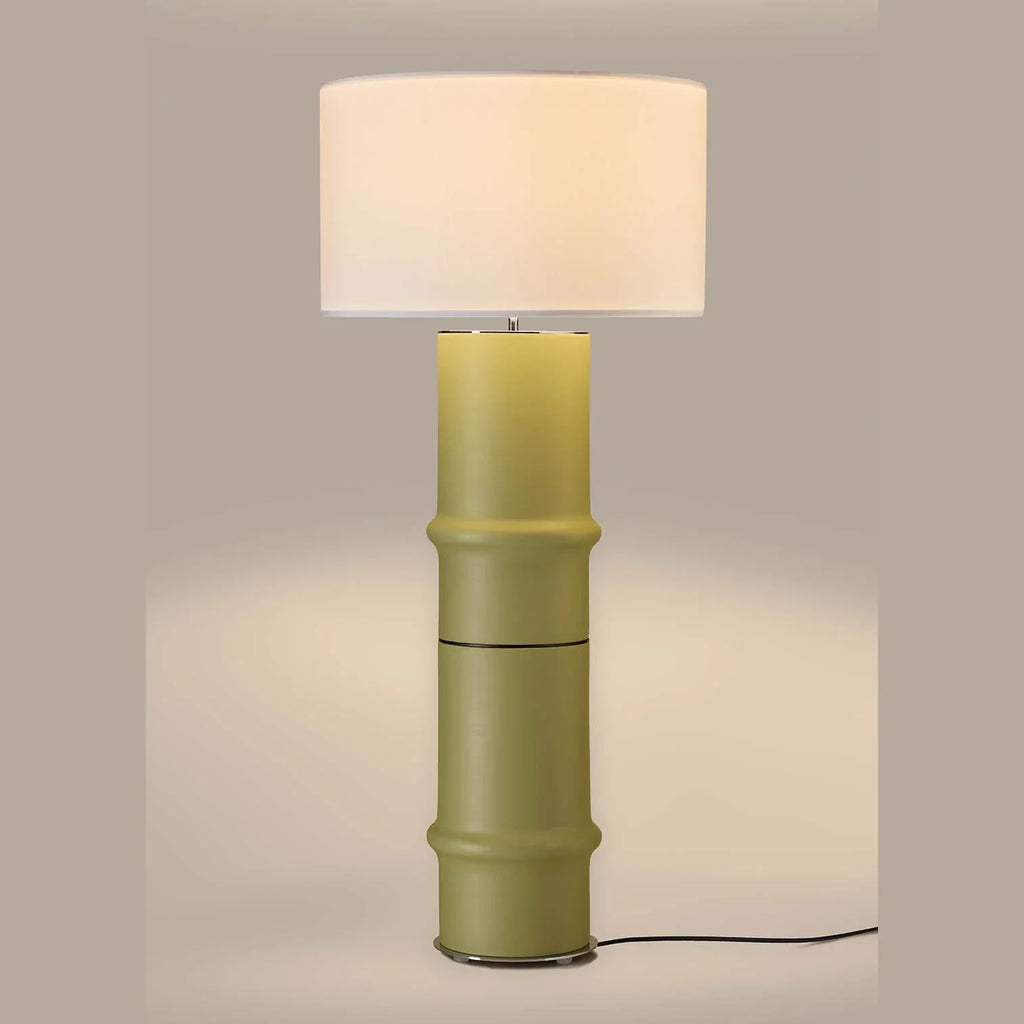 Hand-painted ceramic bamboo floor lamp, in green ceramic, lit with a shade (not included)
