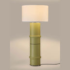 Hand-painted ceramic bamboo floor lamp, in green ceramic, lit with a shade (not included)