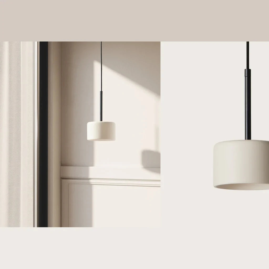 Hand-painted ceramic drum LED pendant, in white in a hallway