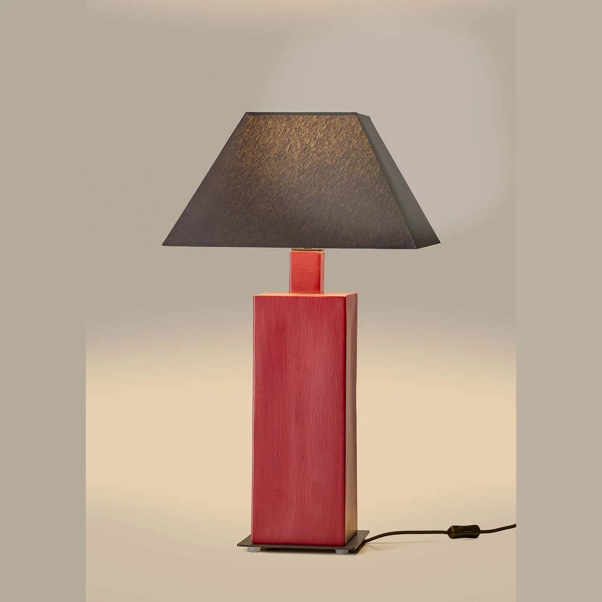 Hand-painted ceramic square column table lamp, in red, with a dark shade (sold separately)