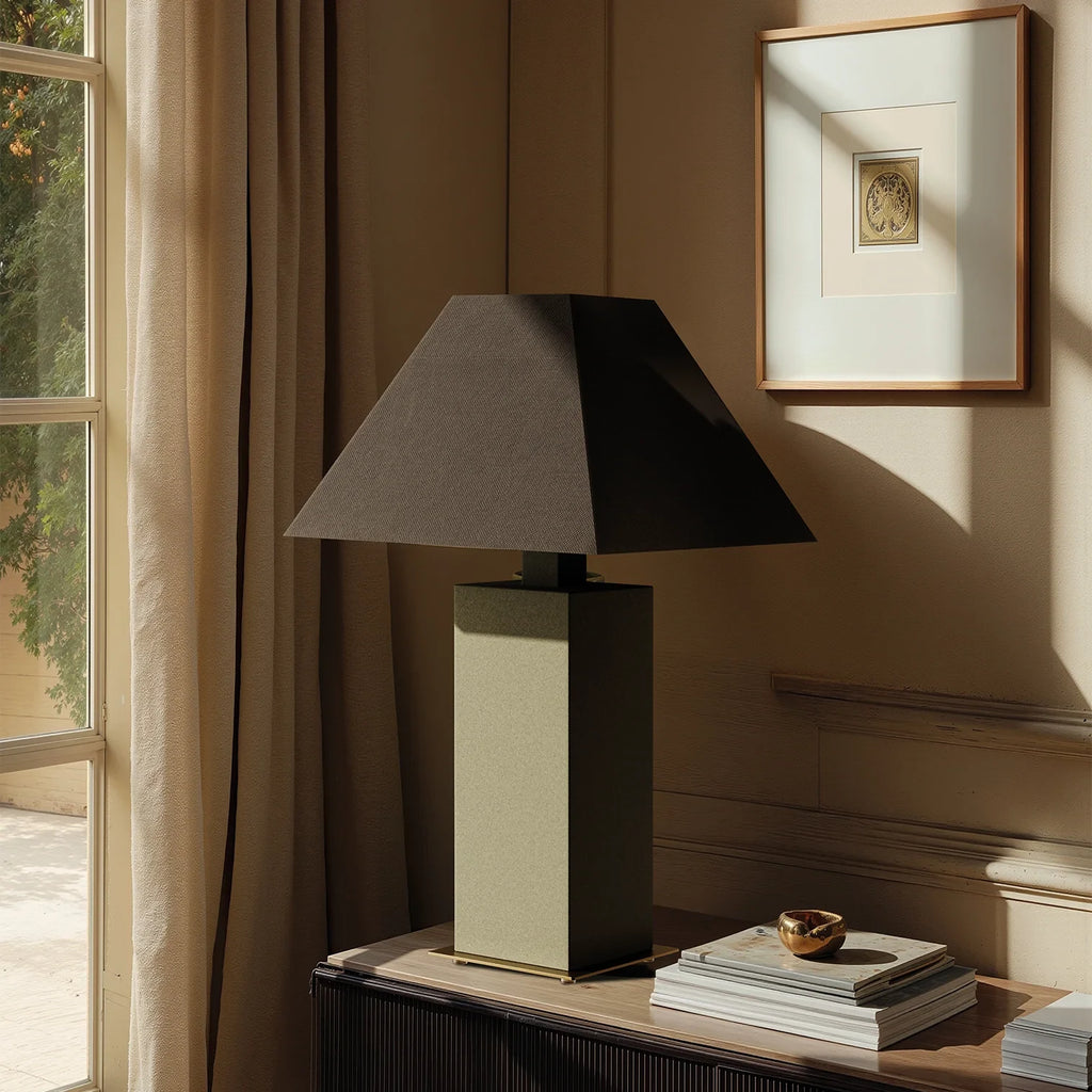 Hand-painted ceramic square column table lamp, in sage green, with a dark shade (sold separately)